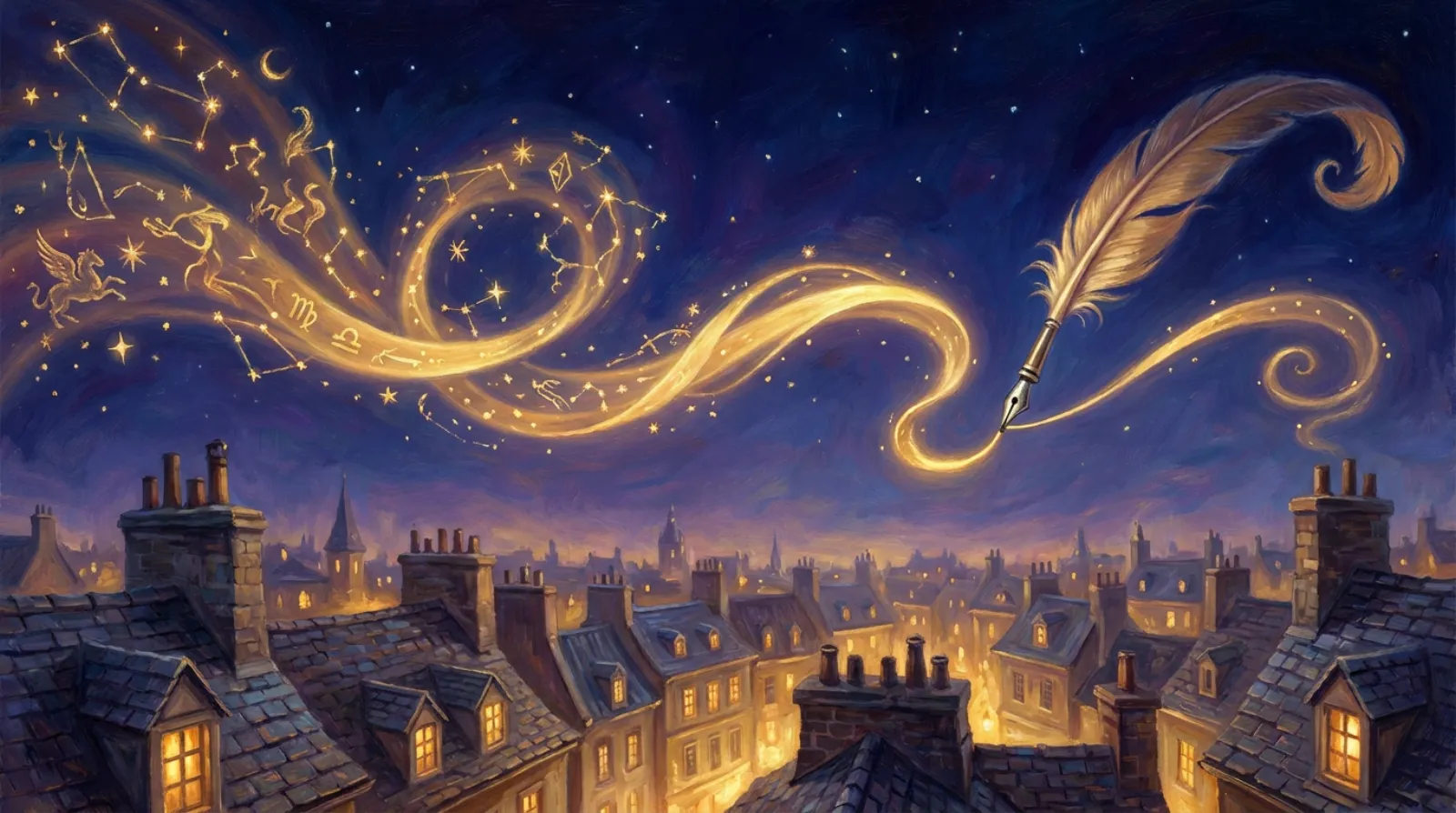 A feather quill floats above moonlit slate rooftops, trailing a ribbon of golden light that curls across the night sky into constellations.