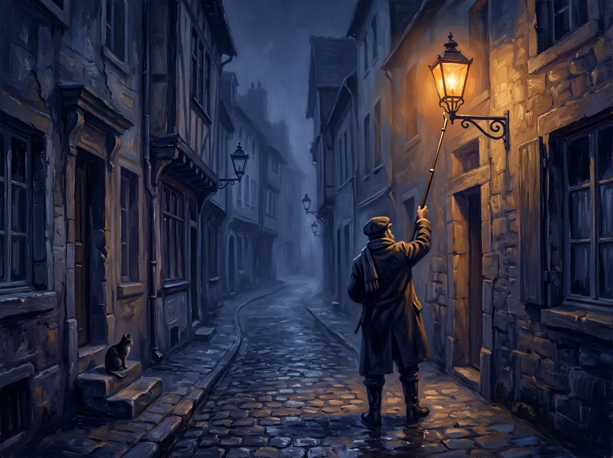 A lamplighter in a long coat reaches up with a pole to light a gas lamp in a misty cobbled alley at night, while a cat watches from a doorstep.